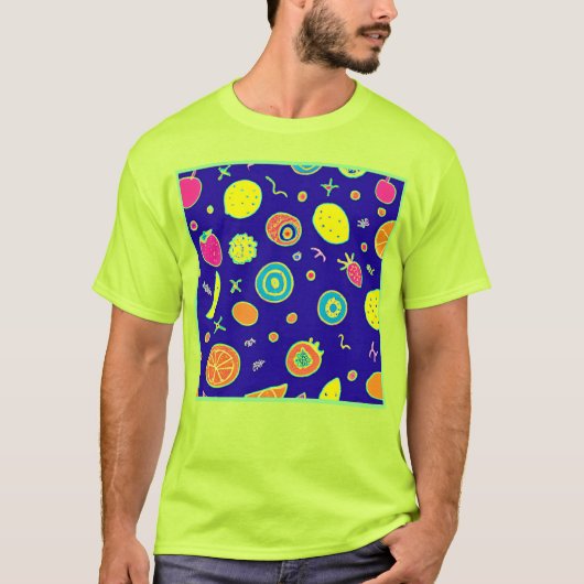 表現豊かなネオンフルーツのアーティストパターン Tシャツ (正面)