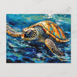 表現豊かな油絵の筆致で描かれたウミガメ ポストカード