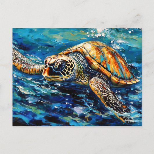 表現豊かな油絵の筆致で描かれたウミガメ ポストカード (正面)