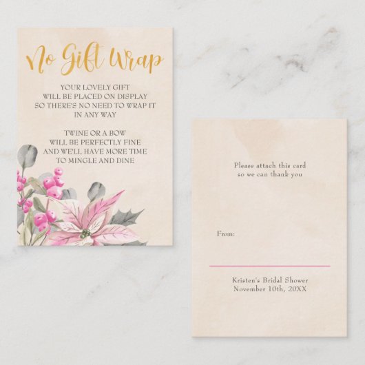 表示シャワー金ゴールド書道ピンク冬フローラ エンクロージャーカード (正面/裏面)