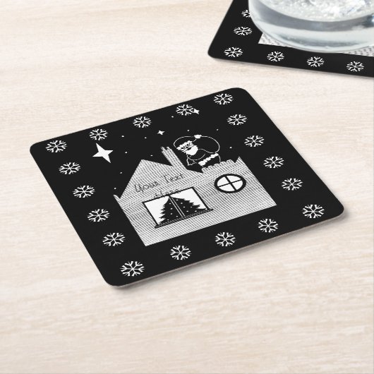 袋付きの白黒のクリスマスを持つかわいいサンタ スクエアペーパーコースター (アングル)