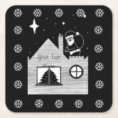 袋付きの白黒のクリスマスを持つかわいいサンタ スクエアペーパーコースター (正面)
