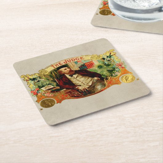 裁判官のヴィンテージのタバコ入れのラベル スクエアペーパーコースター (アングル)