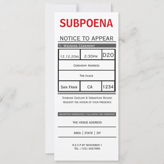 裁判所の勾引状によるノベルティ結婚の 招待状 (正面)