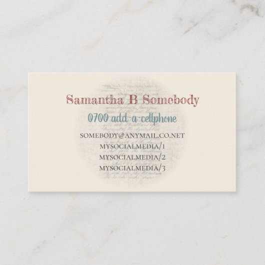 裁縫のマウスのビクトリア時代の人の刺激を受けたなイラストレーション 名刺 (裏面)