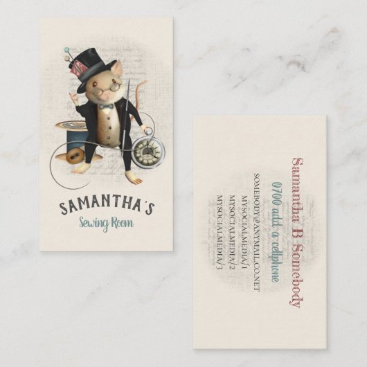 裁縫のマウスのビクトリア時代の人の刺激を受けたなイラストレーション 名刺 (正面/裏面)