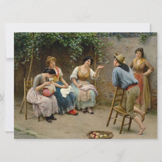 裁縫の女性とチャットするフレンドリー男の子 カード (正面)