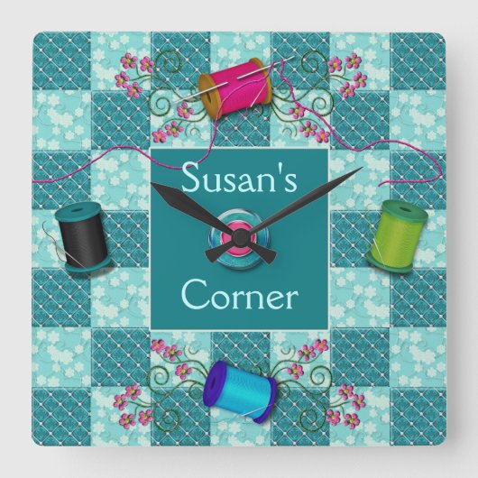 裁縫の時計-名前と個人化して下さい スクエア壁時計 (正面)
