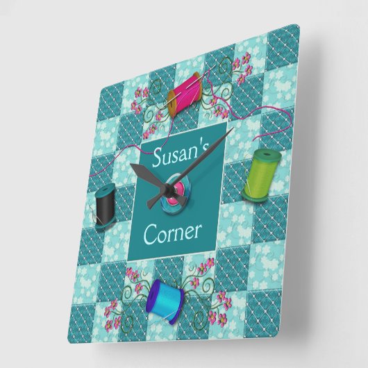 裁縫の時計-名前と個人化して下さい スクエア壁時計 (傾斜)