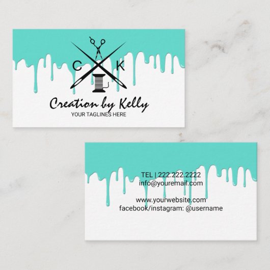 裁縫の裁縫婦のドレスメーカーのモダンなティール（緑がかった色）の滴り 名刺 (正面/裏面)