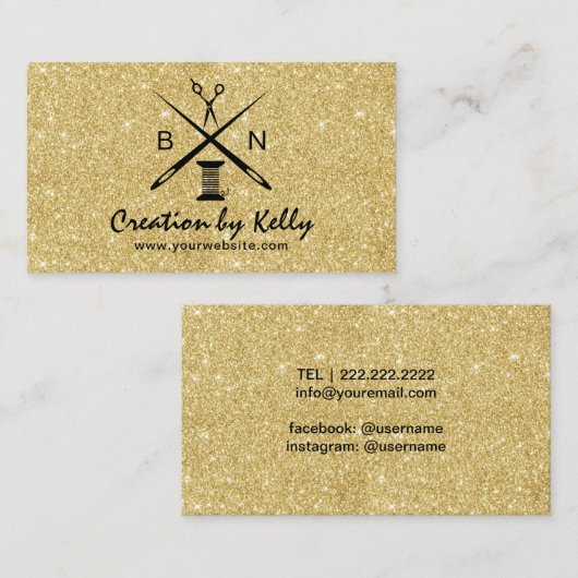 裁縫の裁縫婦のドレスメーカーの金ゴールドのグリッター 名刺 (正面/裏面)