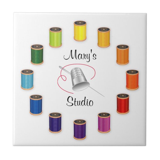 裁縫シンブル、針と糸 タイル (正面)