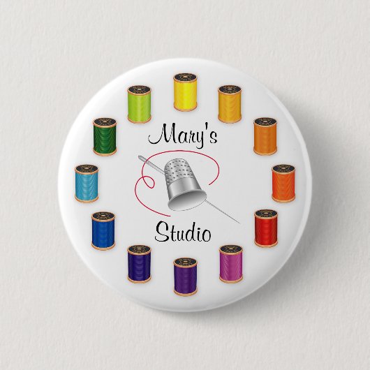 裁縫シンブル、針と糸 缶バッジ (正面)