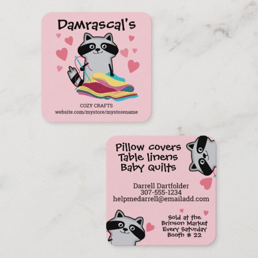 裁縫シームレスキルターキルティングかわいいラクーン スクエア名刺 (正面/裏面)