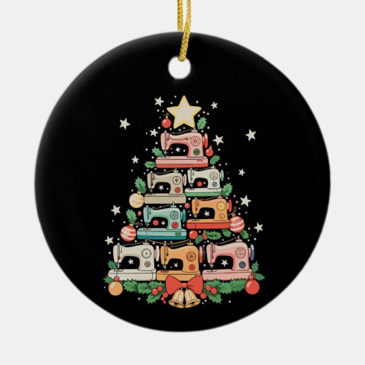 裁縫マシンクリスマスツリーステッチニットソークリスマス セラミックオーナメント (正面)