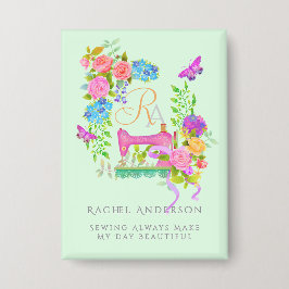 裁縫リボンフローラモノグラムグリーン 缶バッジ