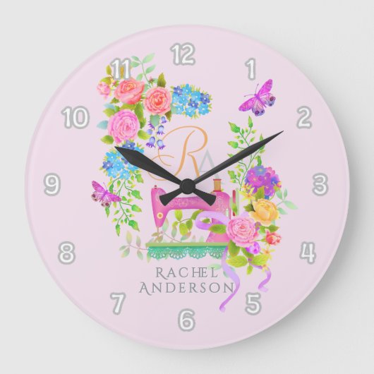 裁縫リボンフローラモノグラムピンク ラージ壁時計 (正面)