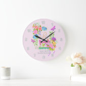 裁縫リボンフローラモノグラムピンク ラージ壁時計 (ホーム)