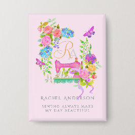 裁縫リボンフローラモノグラムピンク 缶バッジ