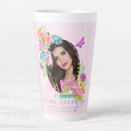 裁縫リボンフローラモノグラムフォトピンク カフェラテマグ