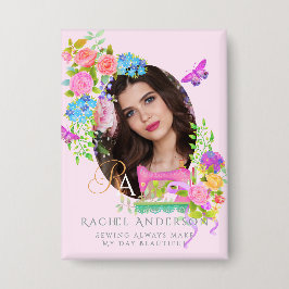 裁縫リボンフローラモノグラムフォトピンク 缶バッジ