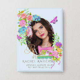 裁縫リボンフローラモノグラムフォトブルー 缶バッジ