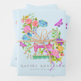 裁縫リボンフローラモノグラムブルー ラッピングペーパーシート