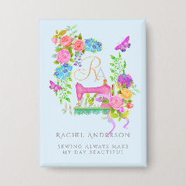 裁縫リボンフローラモノグラムブルー 缶バッジ