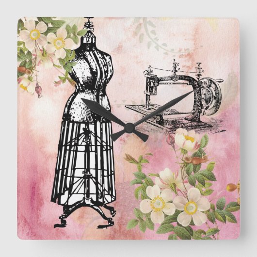 裁縫ルームクロックヴィンテージマシンドレス型枠 スクエア壁時計 (正面)