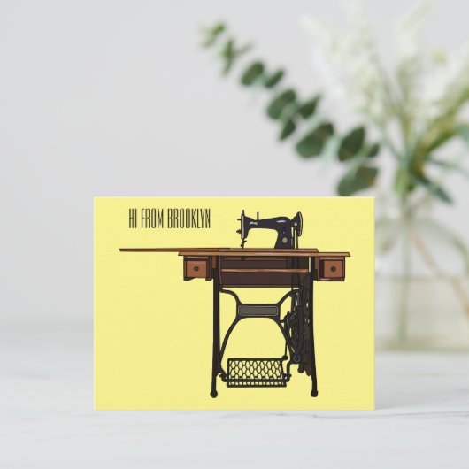 裁縫機の漫画イラストレーション ポストカード (スタンド正面)