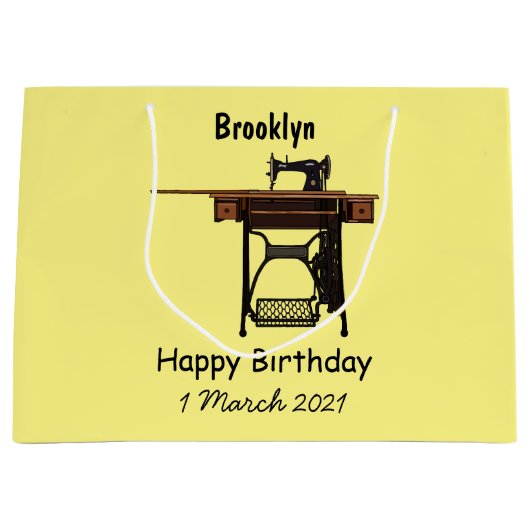 裁縫機の漫画イラストレーション ラージペーパーバッグ (正面)