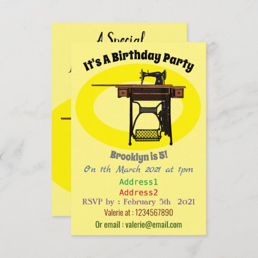 裁縫機の漫画イラストレーション 招待状 (正面/裏面)