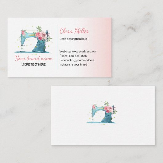 裁縫機業務用カード水彩ティール（緑がかった色）ピンク 名刺 (正面/裏面)