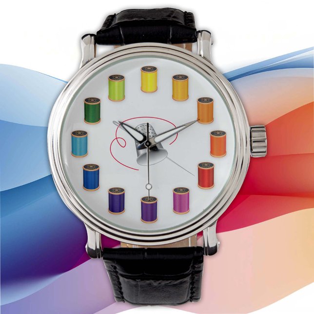 裁縫、シンブル、針と糸 腕時計 (Time Flies When I Sew!  Silver thimble, needle and vivid color wheel of threads. )