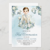 装フォーマル着は小さな男の子の青い白い花のセージ 招待状 (正面/裏面)