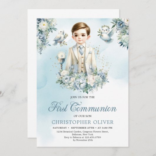 装フォーマル着は小さな男の子の青い白い花のセージ 招待状 (正面/裏面)
