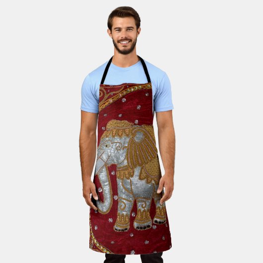 装飾されたインディアンエレファントレッド&金ゴールド エプロン (着用した状態)