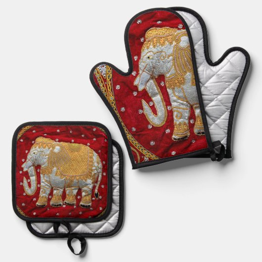装飾されたインディアンエレファントレッド&金ゴールド 鍋つかみ&鍋敷きセット (正面/裏面)
