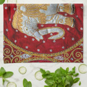 装飾されたインドゾウの赤および金ゴールド キッチンタオル (折り畳み)