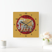 装飾されたインドゾウの赤および金ゴールド スクエア壁時計 (ホーム)