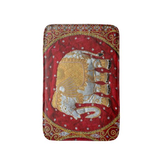 装飾されたインドゾウの赤および金ゴールド バスマット (正面縦)