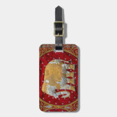 装飾されたインドゾウの赤および金ゴールド ラゲッジタグ (正面縦)