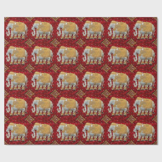 装飾されたインドゾウの赤および金ゴールド ラッピングペーパー (フラット)