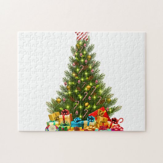 装飾とギフトボックスを持つクリスマスツリー ジグソーパズル (横)
