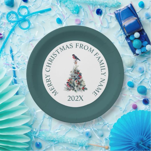 装飾とレッドロビンを持つクリスマスツリー ペーパープレート (パーティー)