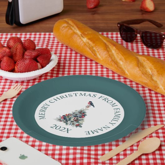 装飾とレッドロビンを持つクリスマスツリー ペーパープレート (ピクニック)