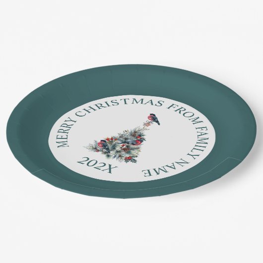 装飾とレッドロビンを持つクリスマスツリー ペーパープレート (アングル)