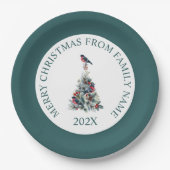 装飾とレッドロビンを持つクリスマスツリー ペーパープレート (正面)