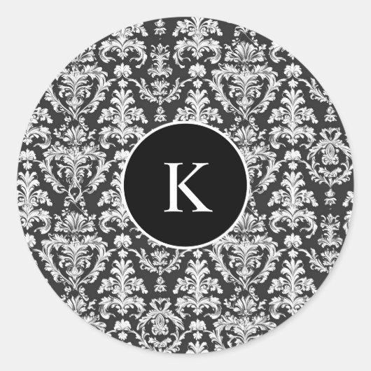 装飾の白黒ダマスク模様 ラウンドシール (正面)