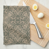 装飾エレガントオーナメントダークグリーン模様 キッチンタオル (四つ折り)